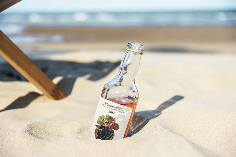 liquor, drink, 4K, close-up, sunlight, container, land, sand, sea, photo, message, transparent, focus, bottle, day, text, no people, beer