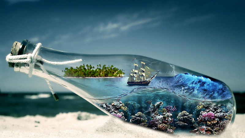 fantasy art, sea, life, ship, vision, imagination, water, ocen, storm, amazing, bottle, sand, 1080P, bottled, sky