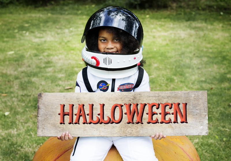 joy, season, summer, portrait, looking at camera, helmet, decorative, celebration, trick or treat, happiness, outdoors, fun, kid, young, childhood, traditional