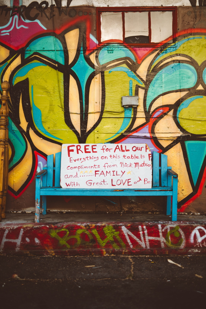 curb, multi Colored, bench, color Image, text, 5K, street photography, art, green, wooden, blue, paint, street, city, board, daytime, red, city life, colorful