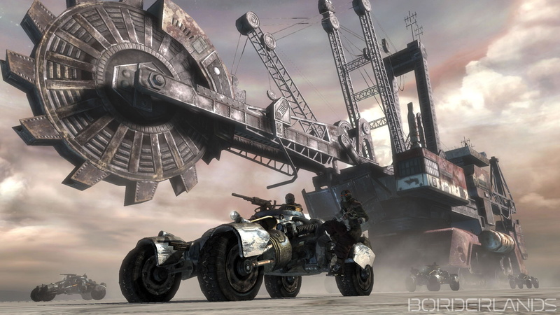 building exterior, sky, city, water, outdoors, nature, 2K, sunset, wheel, low angle view, video games, Borderlands, machinery, no people, built structure