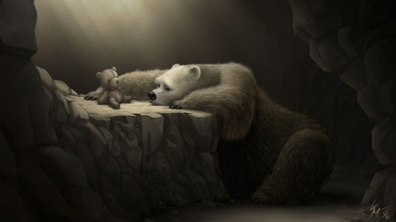 teddy, gray, white, artwork, bear, illustration, cave, talk, 1080P, animals, fantasy