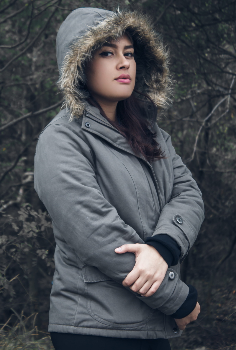 beautiful woman, contemplation, warm clothing, young women, latin, forest, outdoors, 4K, lady, front view, lifestyles, beauty, portrait, girl, young, cold