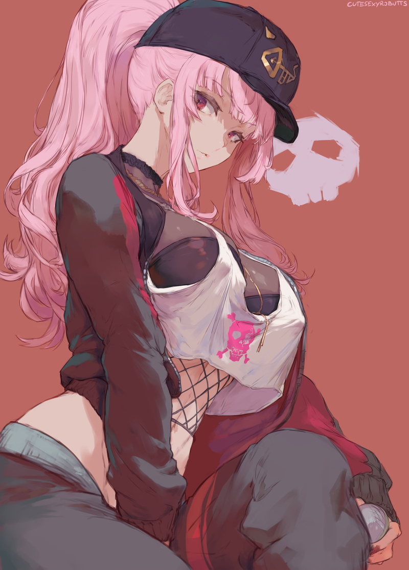 cutesexyrobutts, Virtual Youtuber, fan art, anime, sitting, white tops, Hololive, vertical, parted lips, ponytail, fishnet, 2D, looking at viewer, tank top