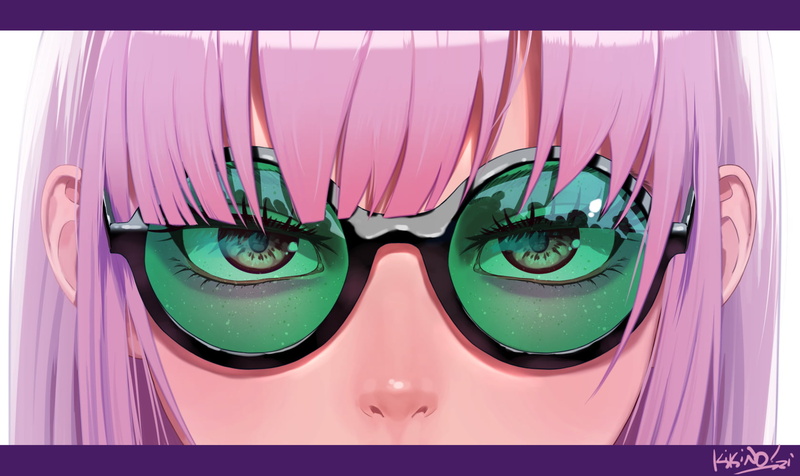 anime, looking at viewer, Mori Calliope, white background, 720P, pink hair, Hololive, glasses, anime girls, red eyes