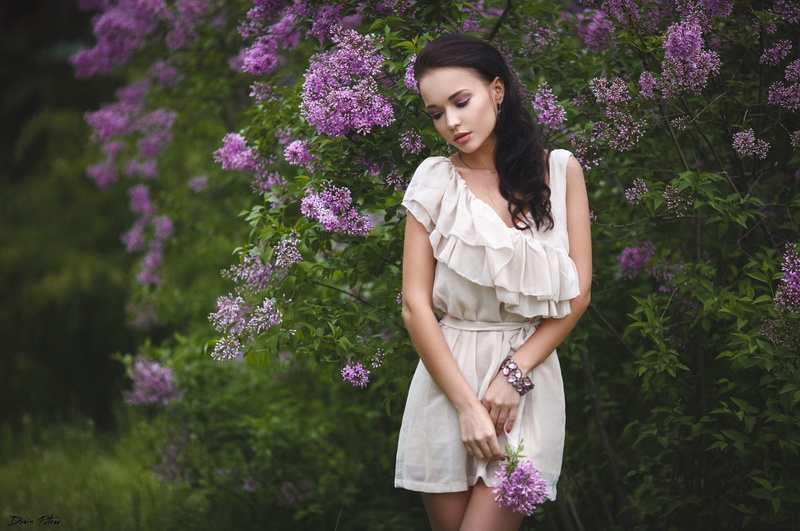 1080P, beauty, beautiful, chic, bokeh, girl, Angelina Petrova, leaves, portrait, Ukrainian, dress, lilac, tenderness, brunette, bracelet