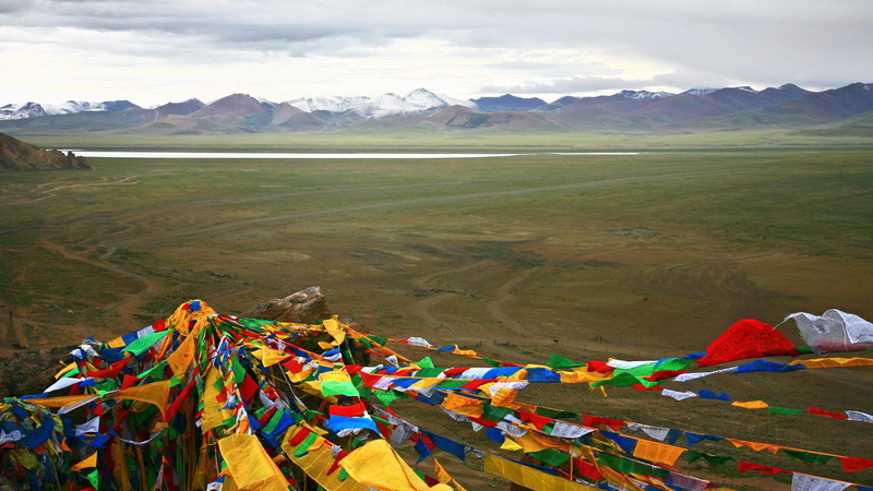 non-urban scene, outdoors, desert, constant, prayer flags, environment, beauty in nature, plateau, sky, horse flags, domestic animals, buddhism, multi colored