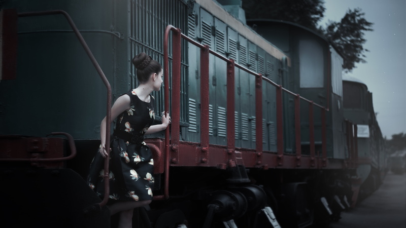 men, side view, long hair, girl, view, land vehicle, outdoors, stair, pin up girl, beautiful, nature, partly cloudy, photographer, train, dress, posture