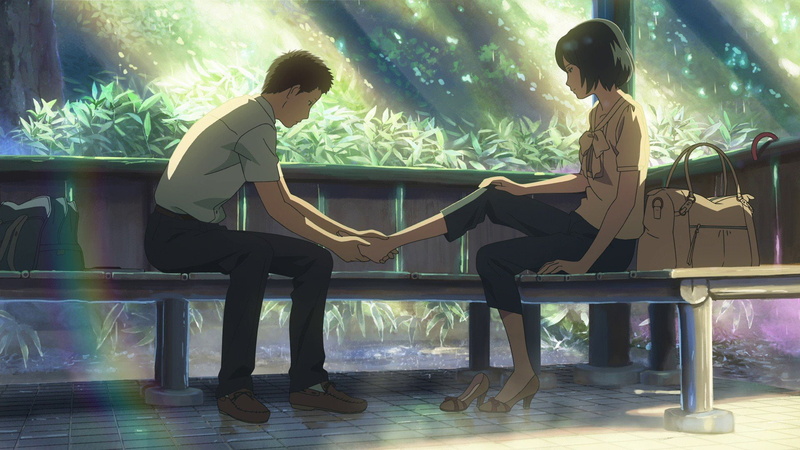words, bench, sunlight, leaves, shinkai, bags, feet, makoto, sitting, rainbows, garden, gazebo, artwork, 1080P