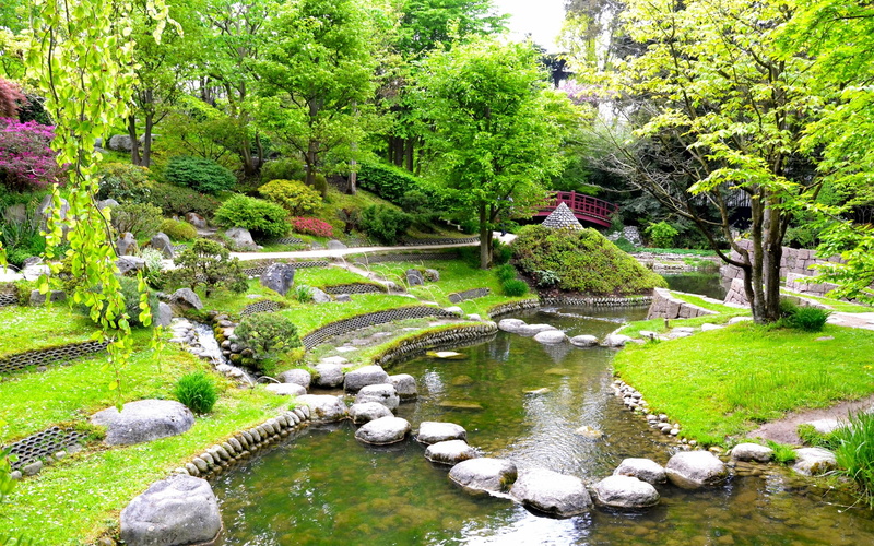2K, Bridge, Grass, Garden, Trees, Pond, Paris, Stones, France