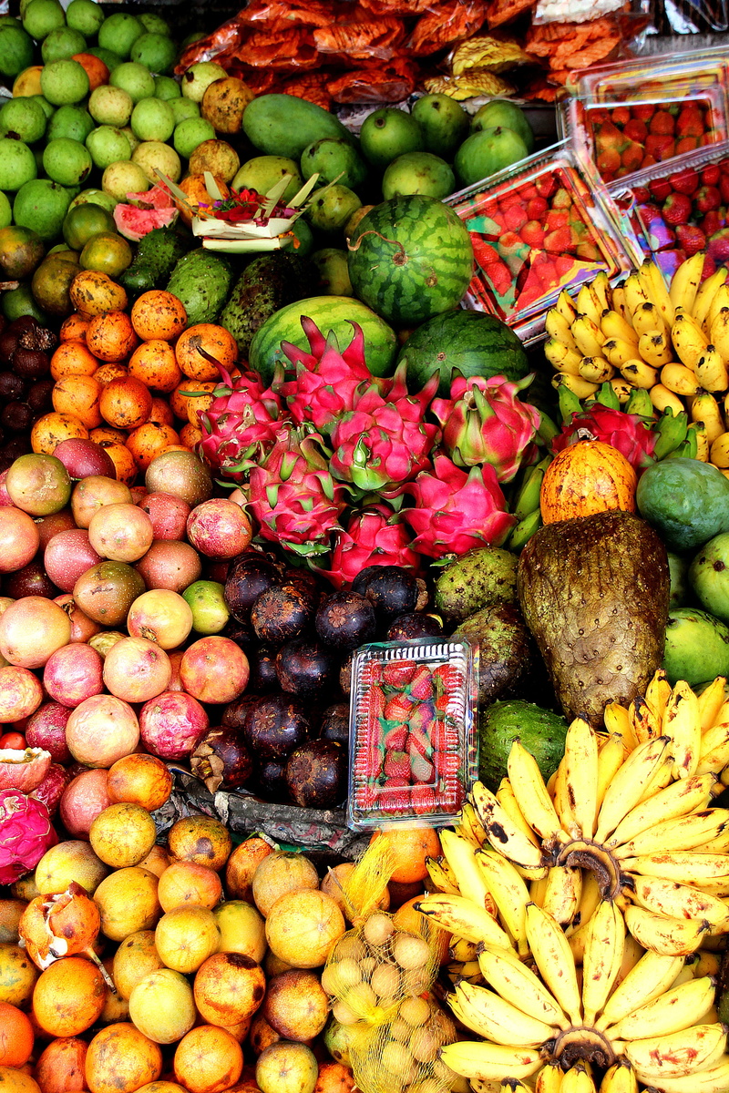 fruits, business, wellbeing, choice, banana, assortment, apple - Fruit, high angle view, selling, Exotic, Bali, variation, 5K, retail display, composition
