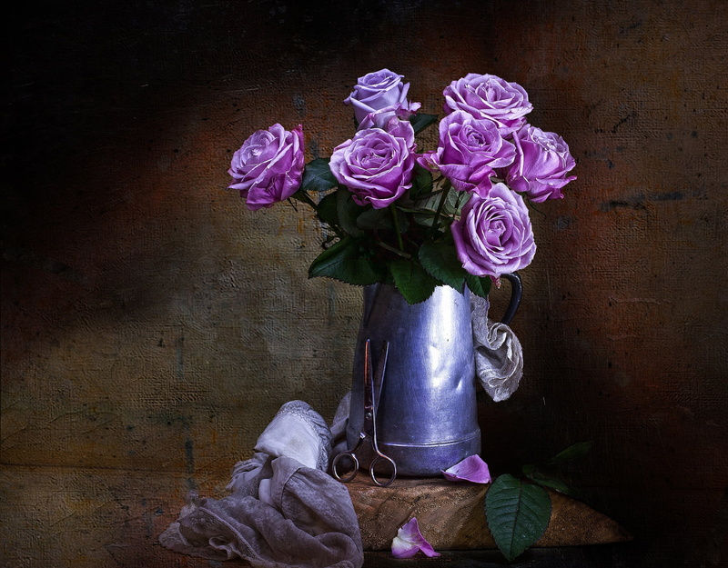 nature, rose, vintage, wood - material, flower arrangement, still life, no people, indoors, flower, gray, vase, painting, 1080P, flowering plant, flower head