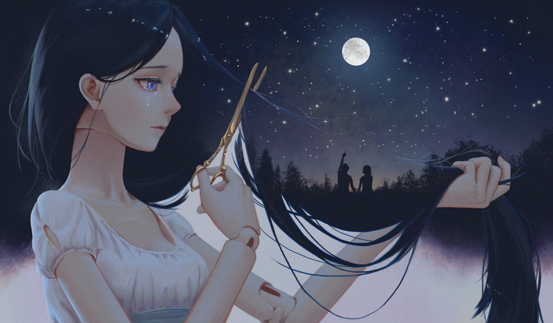 anime, night, 1080P, stars, doll, anime girls, Moon, scissors