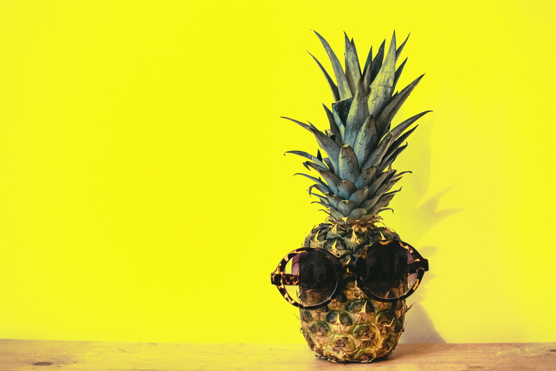 plant, no people, close-up, studio shot, food and drink, pineapple, healthy eating, minimal, wellbeing, freshness, still life, sunglasses, wood, yellow