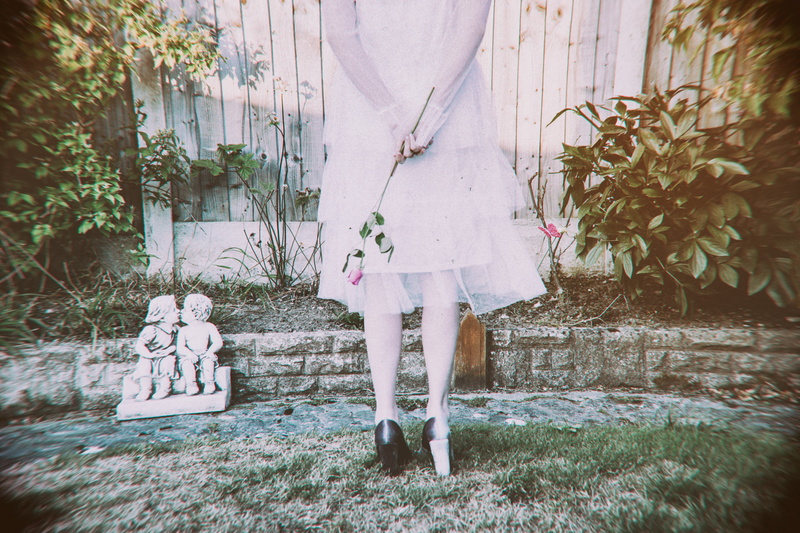 woman, garden, representation, creativity, shoes, art and craft, nature, white dress, back, rose, outdoors, tree, lifestyles, flower, white color, one person
