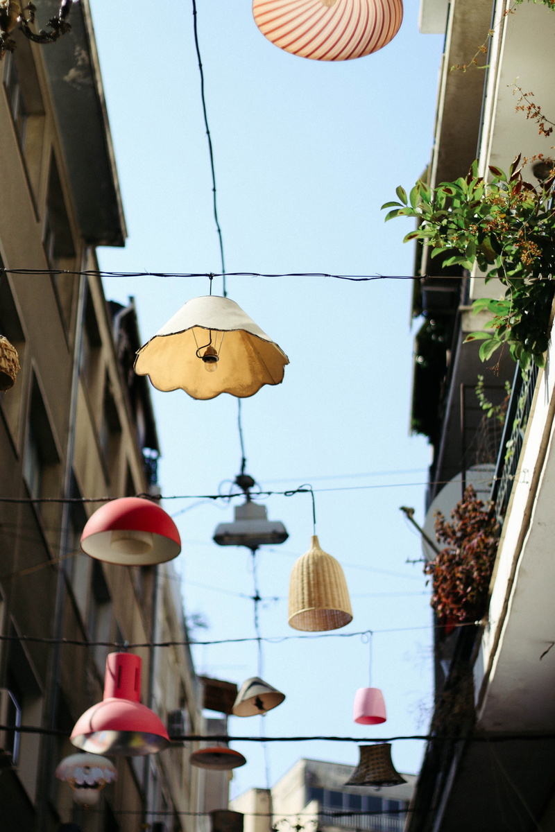 low angle view, balcony, color, angle, hang, 5K, alley, quirky, assorted, photography, lampshade, white, lantern, selective, built structure, building exterior