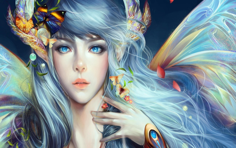 d, n, hair, 2K, women, sweet, wing, colorful, woman, fond, pretty, illustration, splendor, f, bracelet, emotional, o, butterflies, flowers