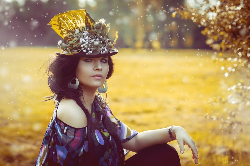 fashion, nature, wellness, woman, flowered hat, long hair, focus on foreground, brunette, young women, beautiful people, one person, looking, hair, young