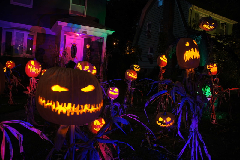 Halloween, All Saints Eve, yellow, decoration, pumpkin, fear, house, 4K, cap, lights, porch, All Hallows Eve