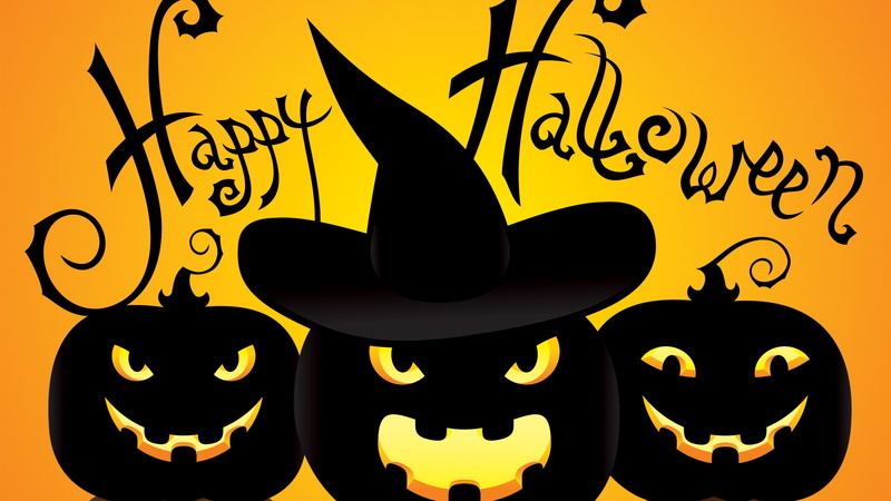 cap, All Hallows Eve, yellow, pumpkin, fear, All Saints Eve, black, happy, Halloween, 4K, logo