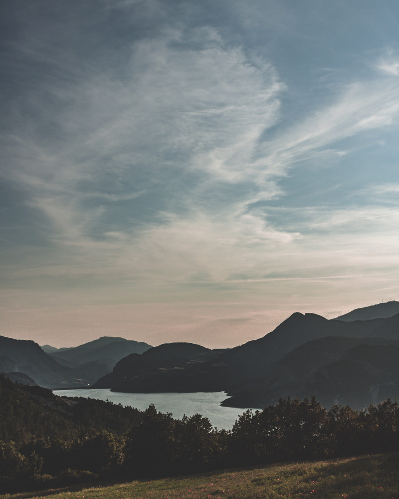 lake, tranquility, beauty in nature, non-urban scene, france, idyllic, blue, tranquil scene, scenics - nature, hautes-alpes, sunset, mountain range, mountains