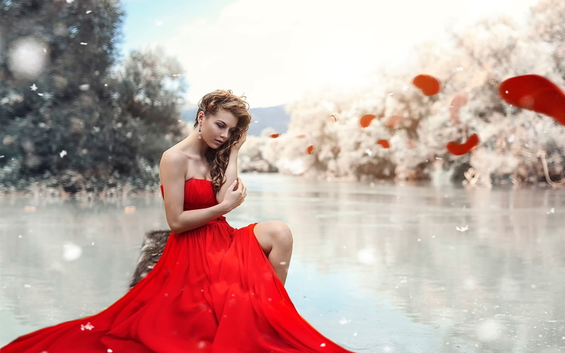 Dress, Red, Girl, Makeup, 1080P, Lake, Leg