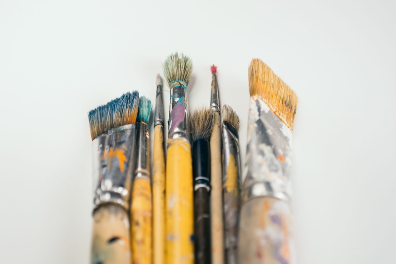 Paint brushes, paintings, art and craft, wood - material, studio, paint, studio shot, white background, artist, colors, creativity, craft, art and craft equipment