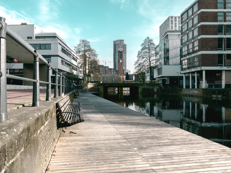 building, office building exterior, nature, canal, skyscraper, rotterdam, water, rever, direction, modern, buildings, office, diminishing perspective, netherlands