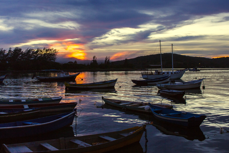 sky, reflection, transportation, canal do itajuru, sea, tranquility, mode of transportation, travel, passage, moored, tranquil scene, water, harbor, sunset