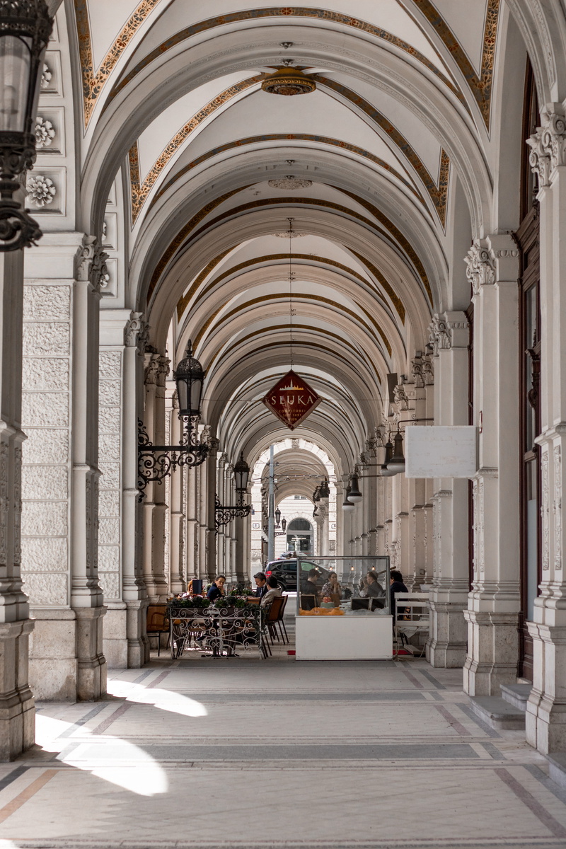 light, built structure, resturant, sun, arched, building, vienna, flooring, travel, corridor, austria, direction, eating, arcade, place of worship, holiday