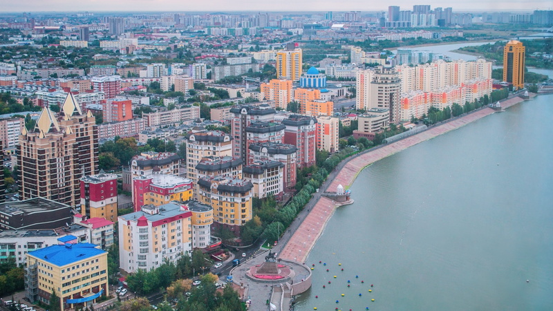 travel, architecture, horizon, capital, kazakhstan, travel destinations, astana, history, water, bird flight, residential district, toskin, quay, building