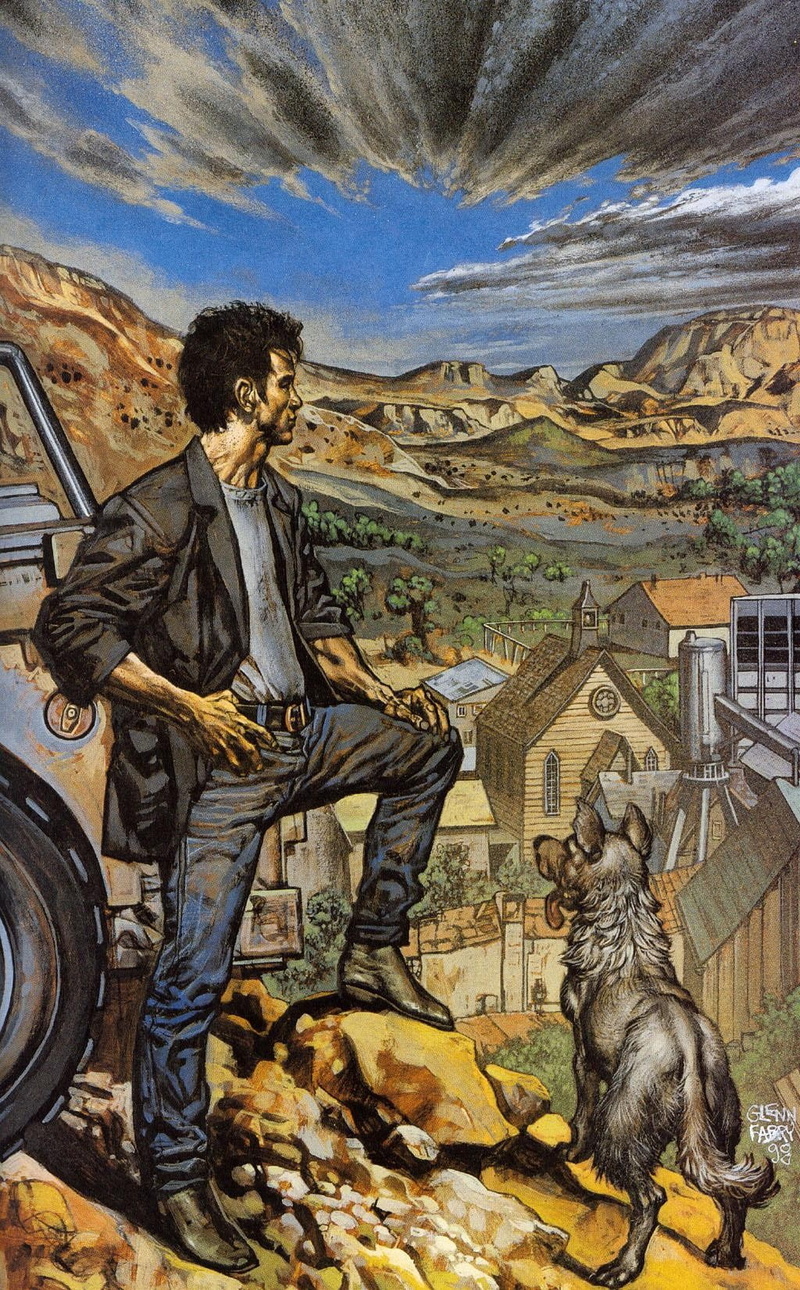 full length, Steve Dillon, men, 720P, sitting, day, one person, pets, nature, Preacher, adult, mammal, domestic animals, one animal, domestic, Garth Ennis