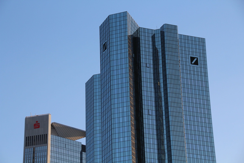 low angle view, built structure, no people, deutsche bank, germany, blue, architecture, day, sky, clear sky, city, nature, financial district, skyscraper