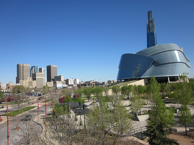 skyscraper, built structure, spire, famous Place, surrounded, trees, building Exterior, city, 4K, manitoba, luxury, tower, sky, clear sky, nature, canadian museum for human rights