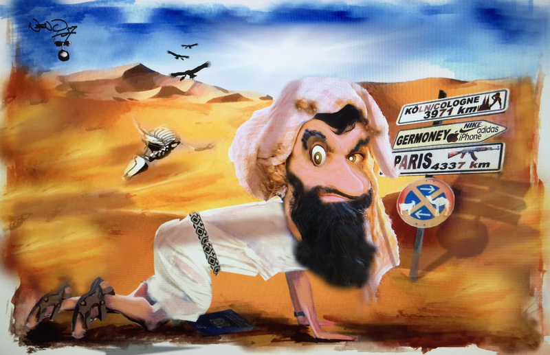 western script, textured effect, real people, art and craft, one person, young adult, adult, sky, humor, representation, text, portrait, desert, terrorist