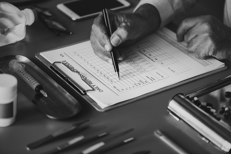 healthcare, black and white, table, checking, men, indoors, body part, data, close-up, writing, healthy, communication, care, one person, doctor, diagnosis