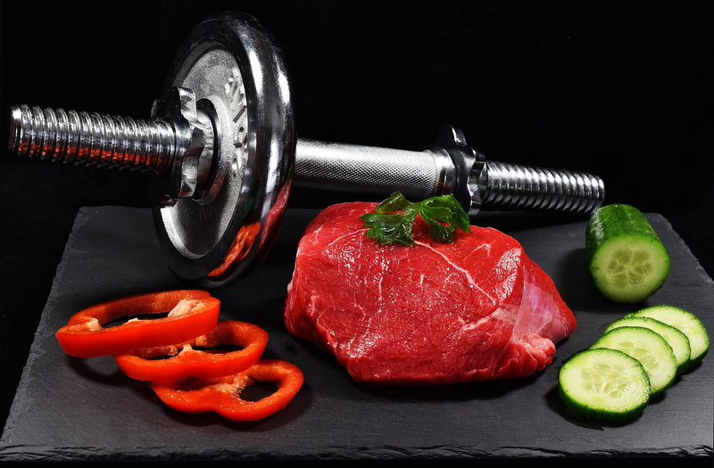 weights, studio shot, wellbeing, food, muscles, no people, health, meat, vegetable, dumbbells, lunch, healthy lifestyle, fitness, strengthening, active