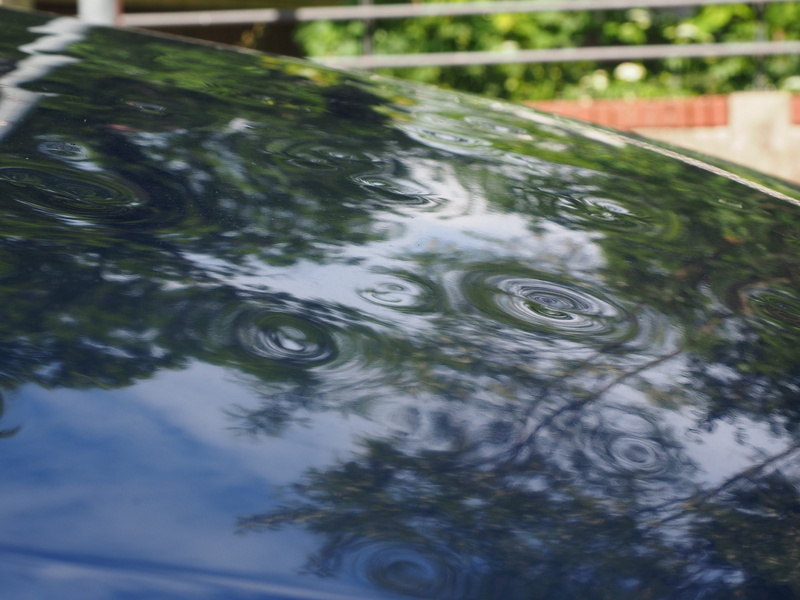close-up, high angle view, outdoors, day, insured event, waterfront, lake, reflection, architecture, hail dellen, motion, water, hail damage, wet, dents