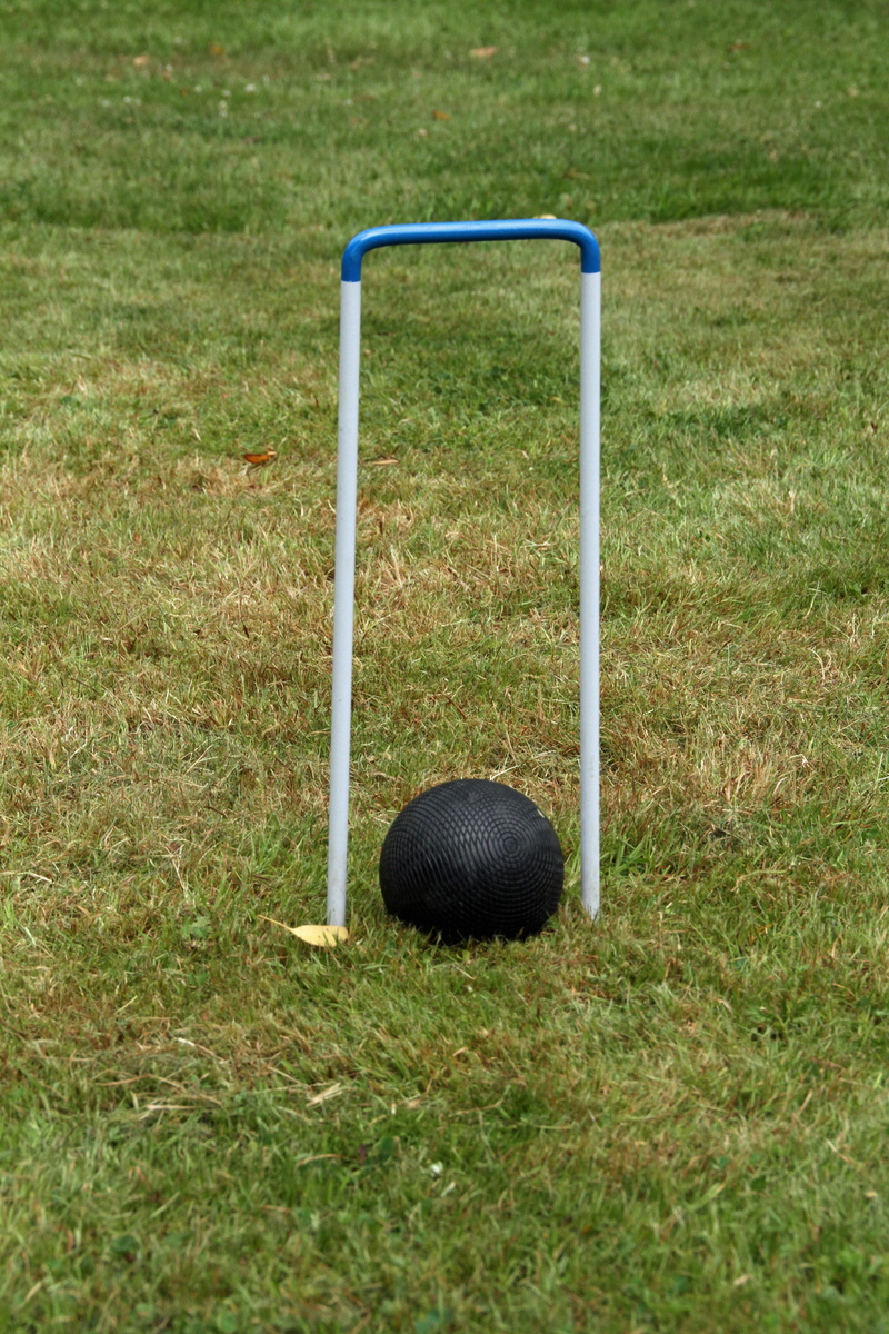 green, green color, high angle view, grass, croquet, wooden balls, nature, sport, ball, playing field, mallet, plant, land, single object, hoop, absence