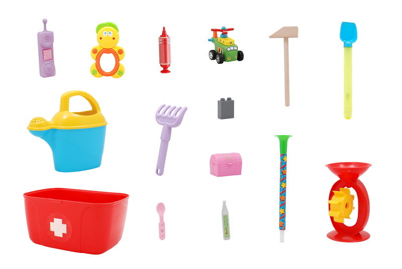 assorted, mill, washing up glove, rubber, element, plastic, protective workwear, whistle, mallet, paddle, watering can, large group of objects, hygiene