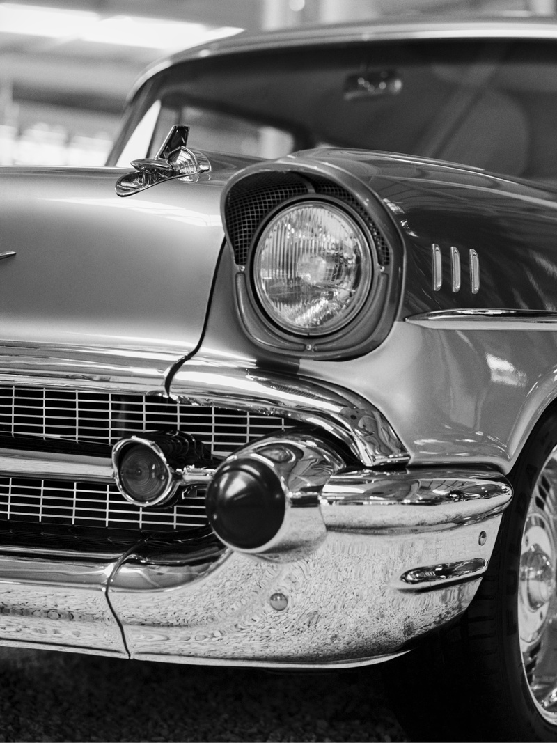 chrome, metal, bel-air, land vehicle, no people, focus on foreground, automobile, car, bumper, grille, headlight, close-up, classic, transportation, collectors car