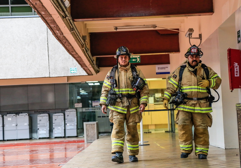 two people, protection, destruction, water, safety, rescue, department, helmet, home, fireman, full length, service, portrait, men, walking, danger, clothing