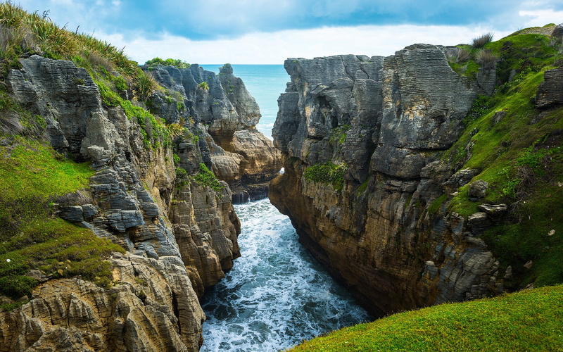 idyllic, beauty in nature, no people, day, scenics - nature, New Zealand, landscape, 1080P, waterfall, plant, eroded, cliff, solid, motion, tranquility