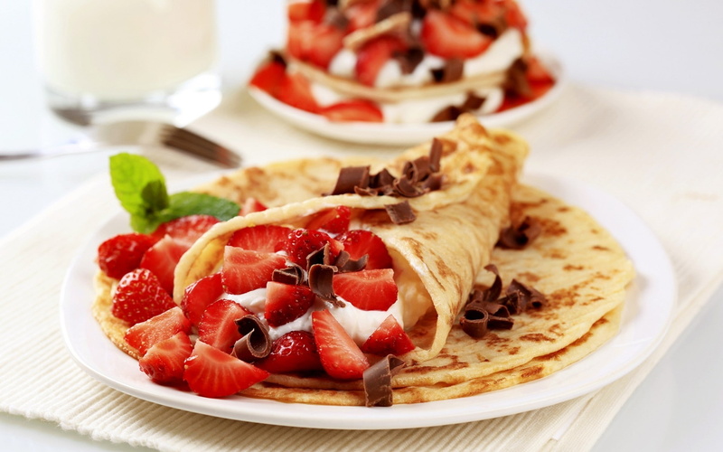 1080P, strawberries, pancakes, fruits, dessert, strawberry