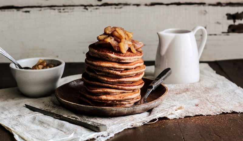 no people, freshness, homemade, rustic, pancakes, close-up, cinnamon, stack, sweet food, drink, comfort food, tray, still life, baked, cup, apples, table