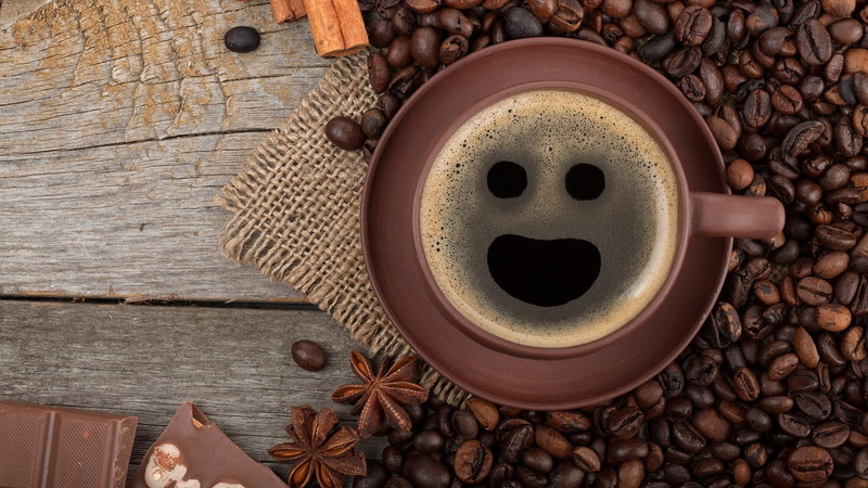 smiley, wood - material, non-alcoholic beverage, roasted coffee bean, chocolate, no people, directly above, refreshment, adorable, brown, high angle view
