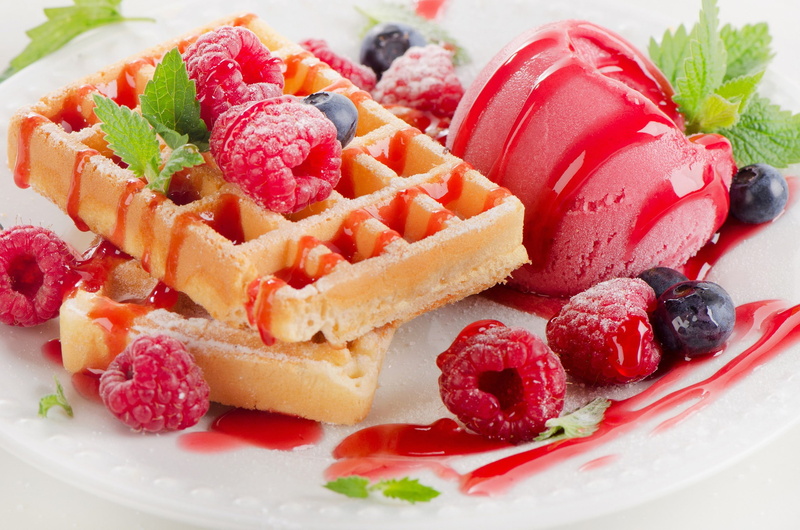 1080P, berries, waffles, dessert