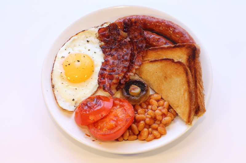 white background, spicy food, plate, healthy eating, toasted bread, English Breakfast, cooking, Bacon, directly above, meat, mushrooms, sliced, sunny, food and drink