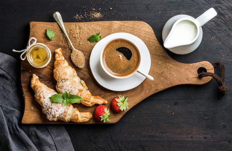 jam, cutting Board, Breakfast, strawberry, coffee, food, 4K, croissants, cream