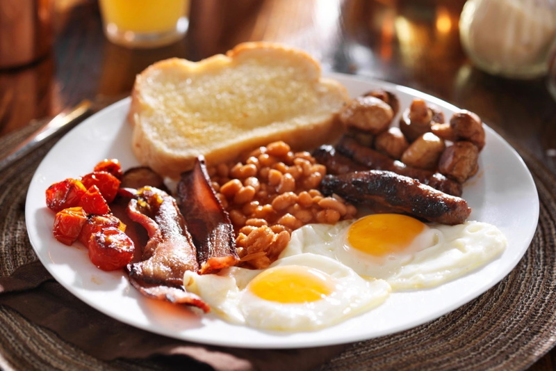 sausage, Breakfast, scrambled eggs, beans, 1080P, English